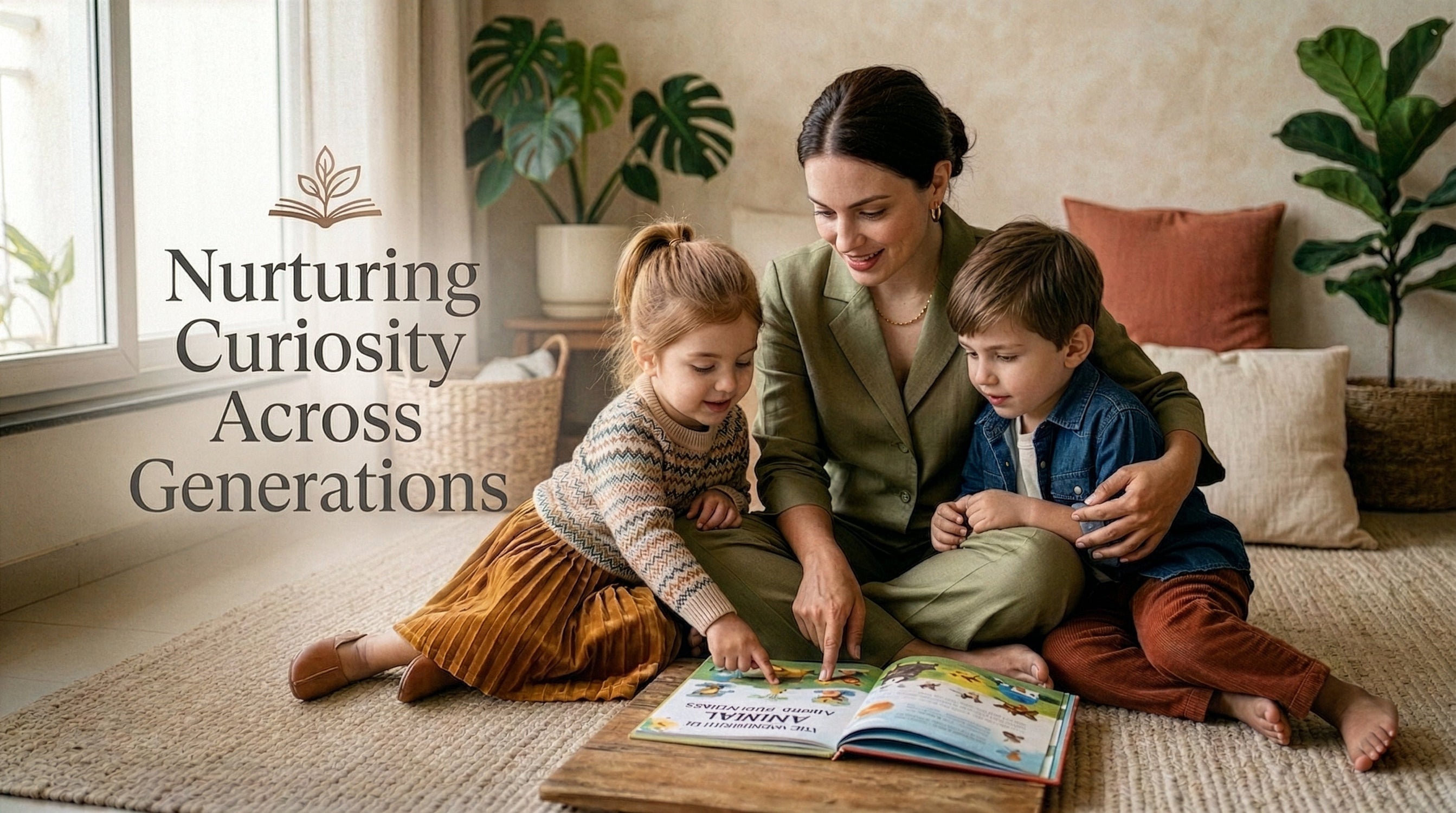 Woman reading a book to two children in a cozy living room.